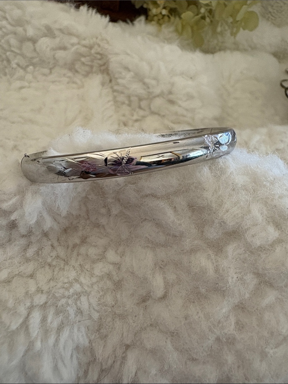 Vintage WEH Sterling Silver Bangle, Etched Leaf with Heart Clasp, Mid-Century